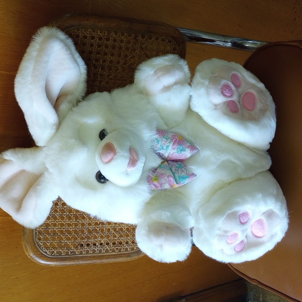 Large 20 Inch White & Pink Plush Easter Bunny Rabbit w/ Colorful Bow Tie